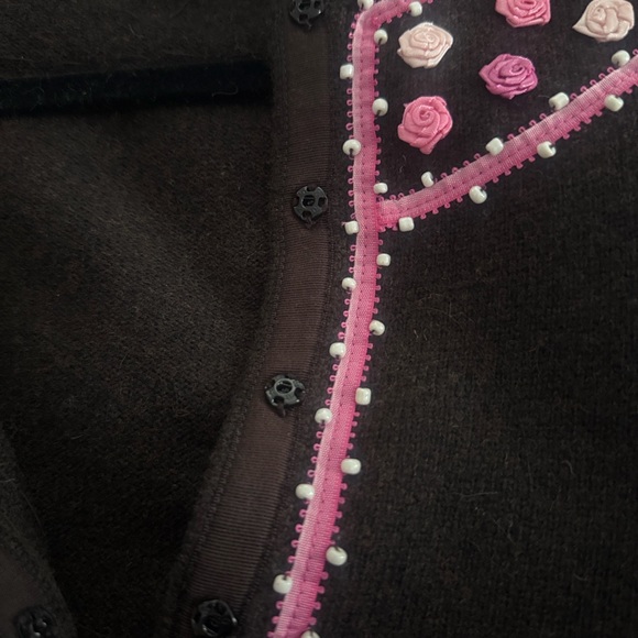 Vintage Lambswool Sweater Cardigan |Brown Pink Floral Cottagecore Soft Grunge XL - Picture 7 of 13
